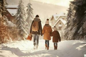 ai generiert Rückseite Aussicht von Familie im Winter Ferien schneebedeckt ai generiert foto