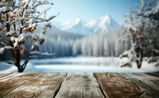 ai generiert leeren Winter Holz Planke Tafel Tabelle mit Schneefall ai generiert foto