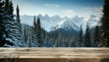 ai generiert leeren Winter Holz Planke Tafel Tabelle mit Schneefall ai generiert foto