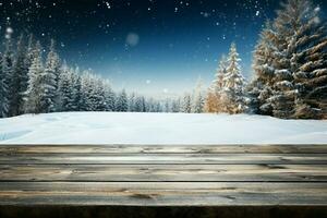 ai generiert leeren Winter Holz Planke Tafel Tabelle mit Schneefall ai generiert foto