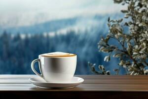 ai generiert Tasse von Tee oder Kaffee Becher auf Tabelle in der Nähe von Fenster Winter Ferien ai generiert foto