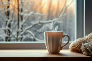 ai generiert Tasse von Tee oder Kaffee Becher auf Tabelle in der Nähe von Fenster Winter Ferien ai generiert foto