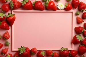 minimalistisch Erdbeere rahmen, Sanft Rosa matt, lebendig rot Hintergrund, Text Raum ai generiert foto