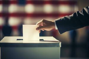 ai generiert Präsidentschaftswahl Wahl im vereinigt Zustände von Amerika. Abstimmung Box auf USA Flagge Hintergrund. foto