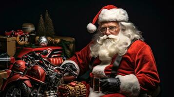 ai generiert Santa claus mit Jahrgang retro Spielzeuge auf Hintergrund mit Kopieren Raum foto