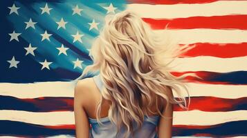 ai generiert Grunge Zeichnung von blond Mädchen auf Hintergrund von amerikanisch Flagge, Aussicht von das zurück. generativ ai foto