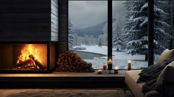ai generiert Aussicht von Zimmer mit Kamin zu Winter Landschaft. generativ ai foto