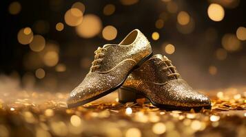 ai generiert Neu Jahre männlich golden funkelnd Schuh umgeben durch funkeln foto