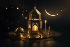 ai generiert Arabisch Laterne mit Verbrennung Kerze glühend beim Nacht zum Muslim heilig Monat Ramadan kareem foto