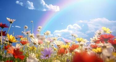 ai generiert Feld von Blumen mit ein Regenbogen hinter Es, foto