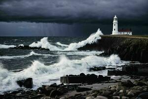 ai generiert dramatisch Meer Wellen beim Meer Ufer mit Leuchtturm im Hintergrund foto