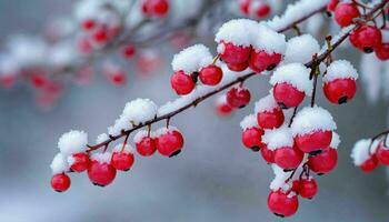 ai generiert Schnee bedeckt rot Beeren Ast foto