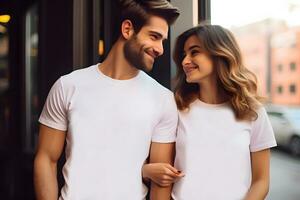 ai generiert Mann und Frauen tragen leer Weiß T-Shirt, Valentinstag Paar Weiß Hemd Attrappe, Lehrmodell, Simulation foto