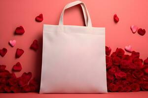 ai generiert Valentinstag Tasche Tasche Produkt Attrappe, Lehrmodell, Simulation, Valentinstag Tag Weiß Tasche Tasche Attrappe, Lehrmodell, Simulation foto