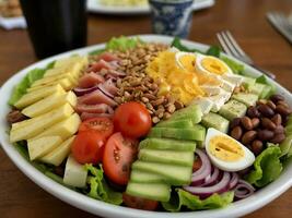 ai generiert cobb Salat mit Speck, Avocado, Tomate, gegrillt Huhn, Eier isoliert auf Weiß Hintergrund. klassisch amerikanisch Essen foto