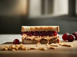 ai generiert Brot Sandwich mit Marmelade und Erdnuss Butter foto