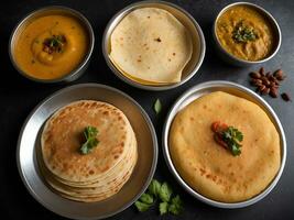 ai generiert dosa Süd Indien, gemacht von ein fermentiert Teig überwiegend bestehend aus von Linsen und Reis. gestylt mit Sambar, Chutney, Bhaji, im Schüssel und etwas Trommelstöcke foto