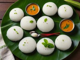 ai generiert idli mit Sambar Kokosnuss Chutney und Kara Chutney serviert im ein Banane Blatt foto