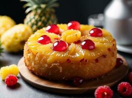 ai generiert Kopf Nieder Ananas Kuchen mit Karamell foto