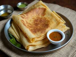 ai generiert Masala dosa indisch Bohnenkraut Crepes mit Kartoffel Füllung foto