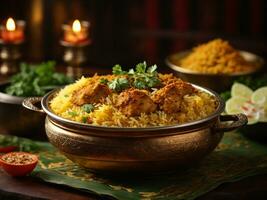 ai generiert dum handi Hähnchen Biryani ist bereit im ein irden oder Lehm Topf namens haandi. Beliebt indisch nicht Vegetarier Essen foto