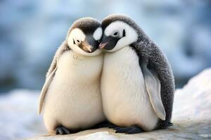 ai generiert gemütlich Pinguine Teilen Umarmung auf schneebedeckt Hintergrund. reflektieren Liebe und Unterstützung. perfekt zum Valentinsgrüße Tag und Tierwelt. ai generiert. foto