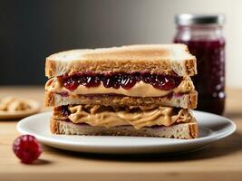 ai generiert köstlich Erdnuss Butter und Gelee Sandwich auf Küche Schneiden Tafel foto