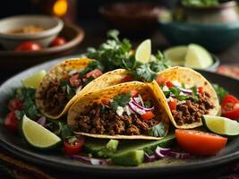 ai generiert Mexikaner Tacos mit Rindfleisch, Tomaten, Avocado, Chili und Zwiebeln isoliert Hintergrund. foto