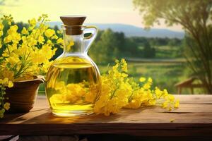 Raps Öl im ein Glas Flasche. Komposition mit Gelb Raps Blumen gegen ein natürlich Hintergrund. ai generiert. foto