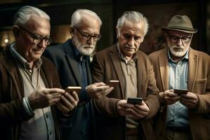 ai generiert älter Generation aktiv mit Smartphone. generieren ai foto