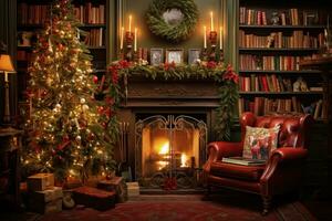 ai generiert Jahrgang Weihnachten Baum geschmückt mit Antiquität Ornamente, Lametta, und klassisch Zeichenfolge Beleuchtung, gemütlich Leben Zimmer Rahmen mit Jahrgang Möbel, ein Kamin foto