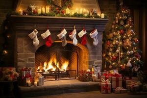 ai generiert Kamin dekoriert mit Jahrgang Stil Weihnachten Strümpfe, retro Girlanden, Jahrgang Kamin mit Geknister Feuer foto
