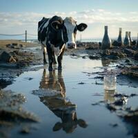 ai generiert realistisch Ochse Bild Trinken Wasser im Strand, schwarz und Weiß Kuh mit Glas generativ ai foto