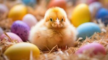 ai generiert ein flauschige Gelb Küken Sitzung unter bunt Eier im ein Bett von Stroh. foto