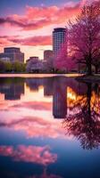 ai generiert ein Stadt Horizont reflektiert im ein Ruhe Körper von Wasser, foto