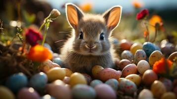 ai generiert ein süß Hase umgeben durch bunt Eier und Sitzung im ein grasig Feld foto