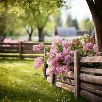 ai generiert ein idyllisch Frühling Garten Szene mit ein hölzern Zaun und Grün Gras, foto