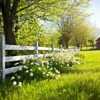 ai generiert ein idyllisch Frühling Garten Szene mit ein hölzern Zaun und Grün Gras, foto