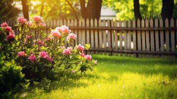 ai generiert ein idyllisch Frühling Garten Szene mit ein hölzern Zaun und Grün Gras, foto