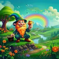 ai generiert ein wunderlich st. Patrick's Tag Szene mit ein Karikatur Kobold, ein Regenbogen, foto