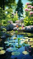 ai generiert ein heiter Frühling Garten mit ein Teich und Lilie Pads, foto