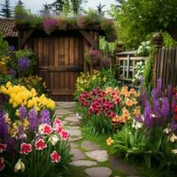 ai generiert ein malerisch Frühling Garten mit ein rustikal hölzern Tor und ein Vielfalt von bunt Blumen, foto
