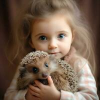 ai generiert ein neugierig wenig Mädchen Gleichaltrigen im Wunder beim ein winzig und verschwommen Baby Igel ruhen im ihr Hände. foto