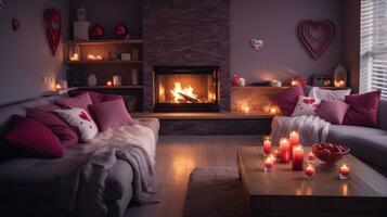 ai generiert ein gemütlich Leben Zimmer mit ein Kamin, dekoriert mit herzförmig Girlanden und Kerzen, foto