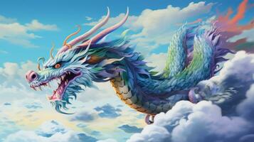 ai generiert ein bunt Chinesisch Drachen im Schatten von Blau, Grün, und lila, hochfliegend durch das Himmel foto