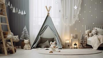 ai generiert ein Kinder Schlafzimmer mit spielerisch Winter Dekorationen und ein gemütlich lesen Ecke, foto