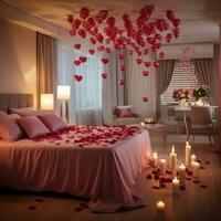 ai generiert ein Schlafzimmer dekoriert mit Rose Blütenblätter, herzförmig Luftballons, und Kerzen schafft ein verträumt Atmosphäre zum Paare feiern Valentinstag Tag. foto