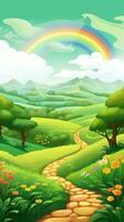 ai generiert ein schön st. Patrick's Tag Hintergrund mit ein Grün Landschaft, ein Regenbogen, und ein golden keltisch Knoten foto