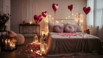 ai generiert ein Schlafzimmer dekoriert mit Rose Blütenblätter, herzförmig Luftballons, und Kerzen schafft ein verträumt Atmosphäre zum Paare feiern Valentinstag Tag. foto