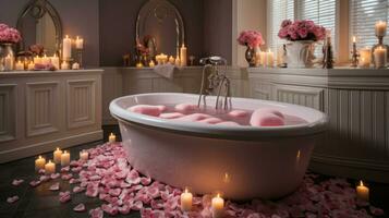 ai generiert ein Badezimmer dekoriert mit herzförmig Seifen, Handtücher, und ein Rose voller Blütenblätter foto